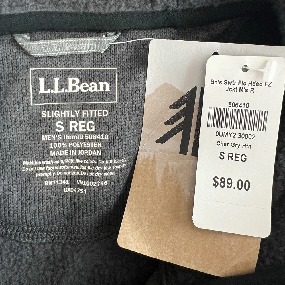 LL Bean Bean's Jacket Men's Small Sweater‎ Fleece Full Zip Hooded Charcoal Gray - Picture 9 of 9